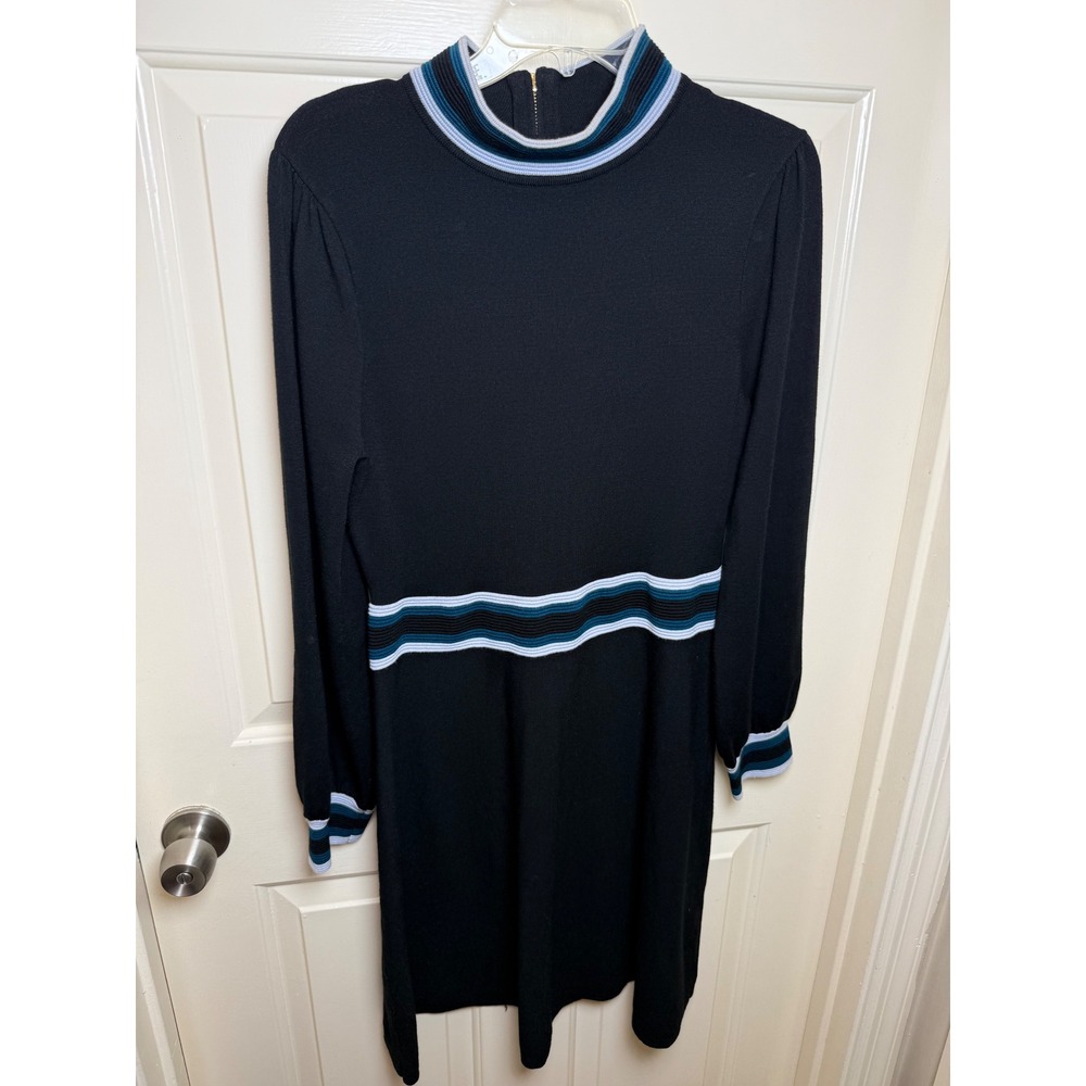 Vince Camuto Womens Black Striped Ribbed Knit Mock Neck Zip Back Sweater Dress L